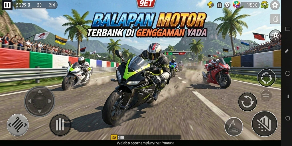Screenshot gameplay <strong>9ET</strong> menampilkan aksi balapan motor yang mendebarkan.
