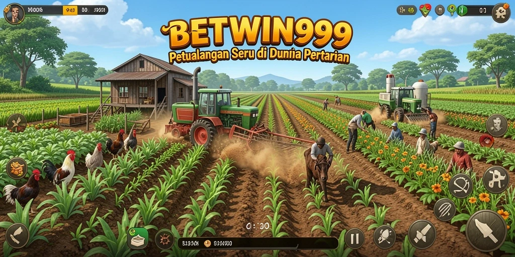 Tampilan gameplay BETWIN999 dengan latar pertanian yang asri dan pepohonan hijau.