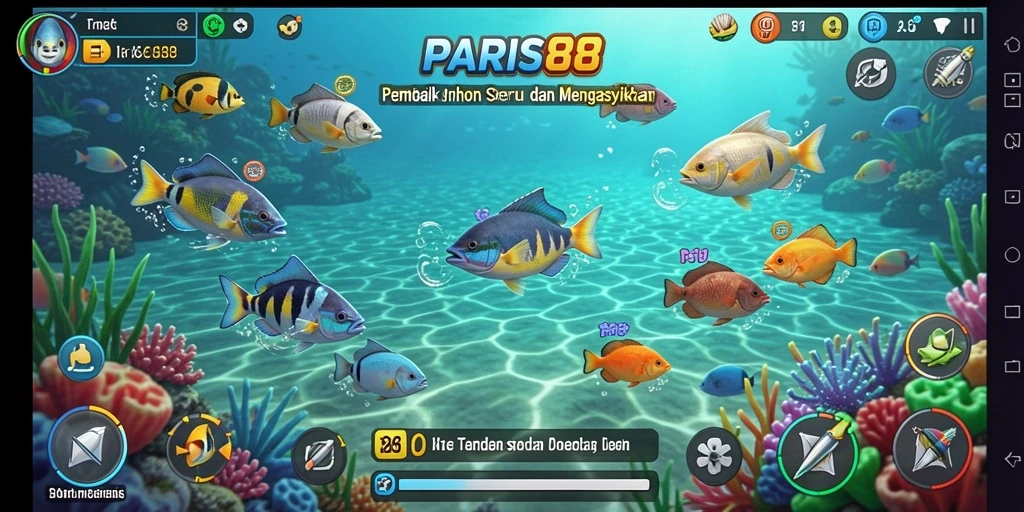 Tampilan gameplay seru dari PARIS88 dengan banyak ikan dan senjata.