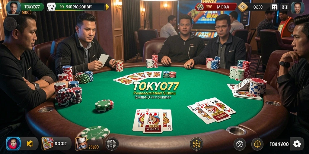 Tangkapan layar gameplay TOKYO77 yang menunjukkan keseruan permainan Poker.